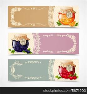 Natural organic orange blackberry and cherry jam in glass jar horizontal banners set isolated vector illustration