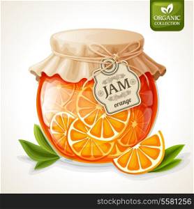 Natural organic orange citrus jam in glass jar with tag and paper cover vector illustration