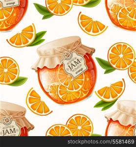 Natural organic orange slices jam jar and leaves seamless pattern vector illustration