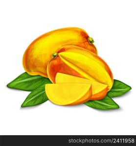 Natural organic sweet cut and sliced mango tropical fruit decorative poster or emblem isolated vector illustration