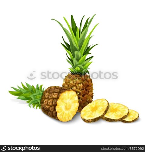 Natural organic sweet cut and sliced pineapple tropical fruit decorative poster or emblem isolated vector illustration