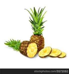Natural organic sweet cut and sliced pineapple tropical fruit decorative poster or emblem isolated vector illustration