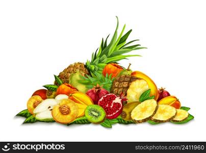 Natural organic tropical fruits set still life with pineapple peach kiwi pomegranate pear mango vector illustration
