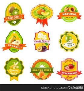 Natural organically grown fruits products emblems labels collection for healthy responsible diet abstract isolated vector illustration. Fuits Emblem Labels set Color