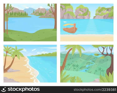 Natural paradise for warm winter getaway flat color vector illustration set. Spots for tropical vacation 2D simple cartoon landscape collection with palm trees and spruces on background. Natural paradise for warm winter getaway flat color vector illustration set