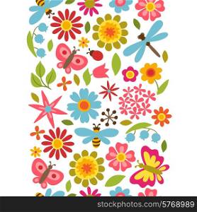 Natural pattern with beautiful simple flowers, beetles and butterflies.