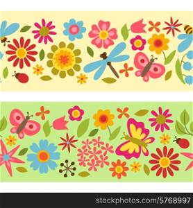 Natural pattern with beautiful simple flowers, beetles and butterflies.