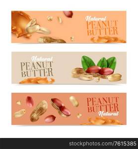 Natural peanut butter horizontal banners with peeled nuts and nuts in shell realistic vector illustration
