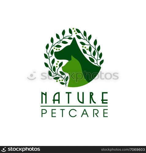 natural pet care logo, Pet and eco symbol logo, leaf dog and cat logo,Unique pet and organic logotype design template.