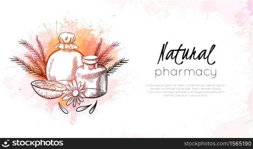 Natural pharmacy. Horizontal card with sketch illustration of vial, flower, orange, juniper and watercolor splashes. Healthcare and medicine. Engraving vector template with hatching for banner, label. Natural pharmacy. Horizontal card with sketch illustration of vial, flower, orange, juniper and watercolor splashes. Healthcare and medicine. Engraving vector template