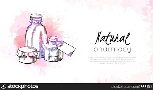Natural pharmacy. Horizontal card with sketch neon illustration of vial, bottles with labels, hatching and watercolor splashes. Healthcare and medicine. Engraving vector template for label, banner. Natural pharmacy. Horizontal card with sketch neon illustration of vial, bottles with labels, hatching and watercolor splashes. Healthcare and medicine. Engraving vector template