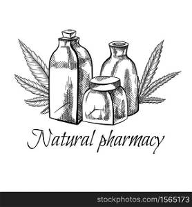 Natural pharmacy. Sketch illustration of vial, bottle and marijuana leaf. Healthcare and medicine. Cannabis pharmacy. Engraving vector objects with hatching for label, card, banner and your creativity. Natural pharmacy. Sketch illustration of vial, bottle and marijuana leaf. Healthcare and medicine. Cannabis pharmacy. Engraving vector objects