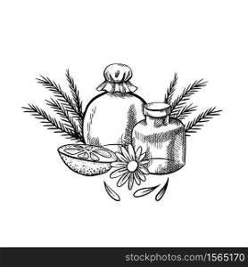 Natural pharmacy. Sketch illustration of vial, bottle, flower, orange and juniper. Healthcare and medicine. Engraving vector objects with hatching for label, card, banner and your creativity.. Natural pharmacy. Sketch illustration of vial, bottle, flower, orange and juniper. Healthcare and medicine. Engraving vector objects with hatching