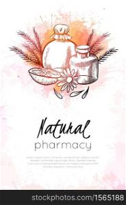 Natural pharmacy. Vertical card with sketch illustration of vial, flower, orange, juniper and watercolor splashes. Healthcare and medicine. Engraving vector template with hatching for banner, label. Natural pharmacy. Vertical card with sketch illustration of vial, flower, orange, juniper and watercolor splashes. Healthcare and medicine. Engraving vector template