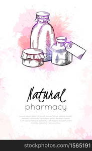 Natural pharmacy. Vertical card with sketch neon illustration of vial, bottles with labels, hatching and watercolor splashes. Healthcare and medicine. Engraving vector template for label, banner. Natural pharmacy. Vertical card with sketch neon illustration of vial, bottles with labels, hatching and watercolor splashes. Healthcare and medicine. Engraving vector template