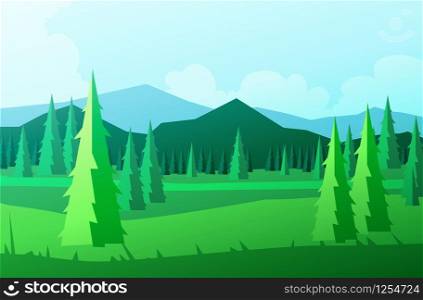 Natural pine forest mountains horizon hills Sunrise and sunset Landscape wallpaper Illustration vector Cartoons style Colorful view background
