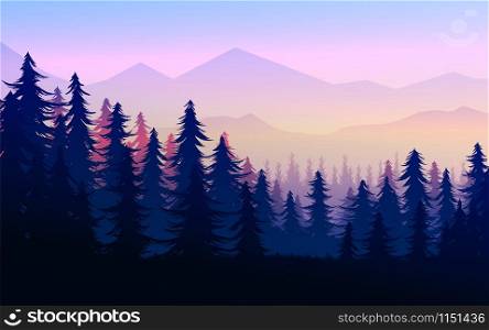 Natural Pine forest mountains horizon Landscape wallpaper Mountains lake landscape silhouette tree sky Sunrise and sunset Illustration vector style colorful view background