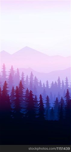 Natural Pine forest mountains horizon Landscape wallpaper Mountains lake landscape silhouette tree sky Sunrise and sunset Illustration vector style colorful view background