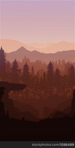 Natural pine forest mountains horizon Landscape wallpaper Sunrise and sunset Illustration vector style Colorful view background