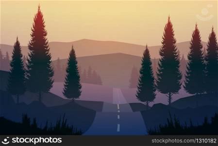 Natural pine trees forest. Mountains horizon hills and the route. Sunrise and sunset. Landscape wallpaper. Illustration vector style. Colorful view background.