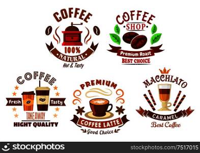 Natural premium coffee drinks in takeaway paper cups, latte and caramel macchiato beverages, coffee beans and vintage coffee mill, encircled by retro ribbon banners, anise seeds, stars and wafer tubes for coffee shop, cafe and restaurant design. Coffee shop design elements in cartoon style