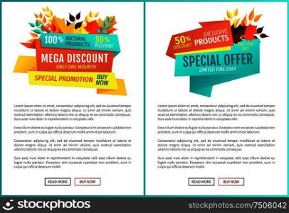 Natural product exclusive mega discount special offer. Autumnal sale for customers posters set decorated with foliage leaves. One month only vector. Natural Product Mega Discount Vector Illustration