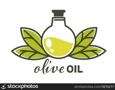 Natural product in shop or store, isolated icon of organic olive oil poured in bottle. Vegetarian or vegan food, seasoning for salads and supplement for diet. Label or emblem, vector in flat style. Olive oil natural product in glass bottle vector
