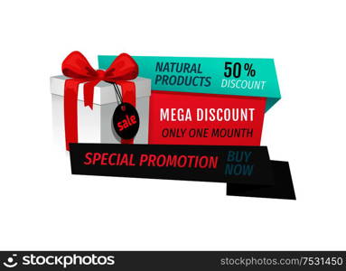 Natural products, mega discount 50 percent off isolated label vector. Best offer with premium goods, purchasing of store items. Gift with price tag. Natural Products, Mega Discount 50 Percent Off