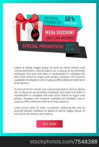 Natural products, mega discount 50 percent off web page template vector. Best offer with premium goods, purchasing of store items. Gift with price tag. Natural Products, Mega Discount 50 Percent Off