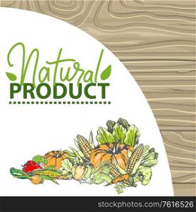 Natural products vector, bio food harvesting banner, corn and pepper, foliage and carrot pumpkin and onion meal fresh harvest organic fruits veggies. Logo for menu of bio products on wood background. Natural Product Bio Ingredients Pumpkin and Pepper