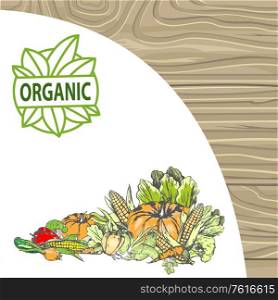 Natural products vector, bio food harvesting banner, corn and pepper, foliage and carrot pumpkin and onion meal fresh harvest organic fruits veggies. Logo for menu of bio products on wood background. Natural Product Bio Ingredients Pumpkin and Pepper