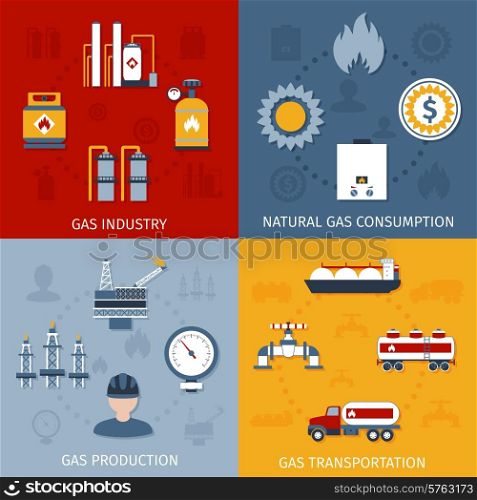 Natural raw gas industry production transportation and consumption 4 flat icons composition design abstract isolated vector illustration