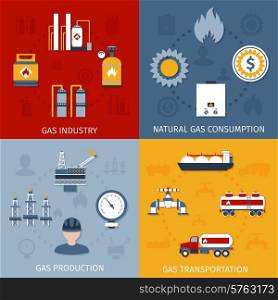 Natural raw gas industry production transportation and consumption 4 flat icons composition design abstract isolated vector illustration