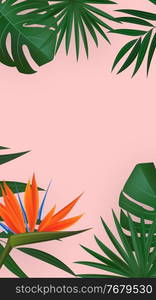 Natural Realistic Green Palm Leaf with Strelitzia Flower Tropical Background. Vector illustration. Natural Realistic Green Palm Leaf with Strelitzia Flower Tropical Background. Vector illustration EPS10