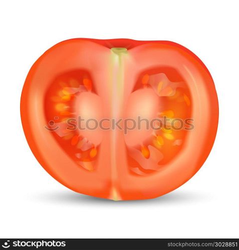 Natural realistic organic tomato cut in half slice. Red tomatoes. Natural realistic organic tomato cut in half slice. Red tomatoes seeds. Vector EPS 10.