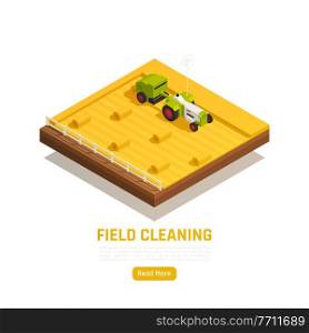 Natural resources agriculture isometric web element with wheat straw stubble harvesting organizing field cleaning machinery vector illustration. Natural Resources Isometric Element