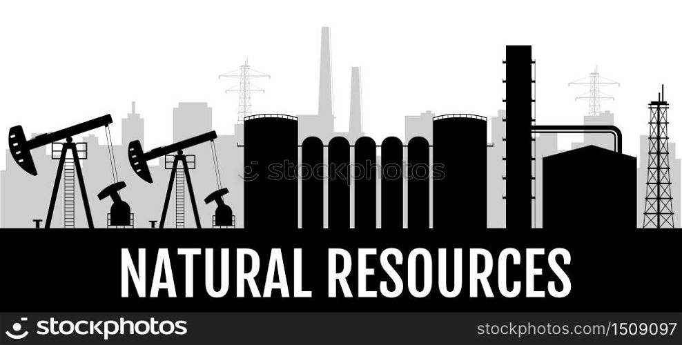 Natural resources black silhouette banner vector template. Gas and petroleum industry horizontal poster monochrome design. Onshore oil rig, refinery plant 2d cartoon shape with typography