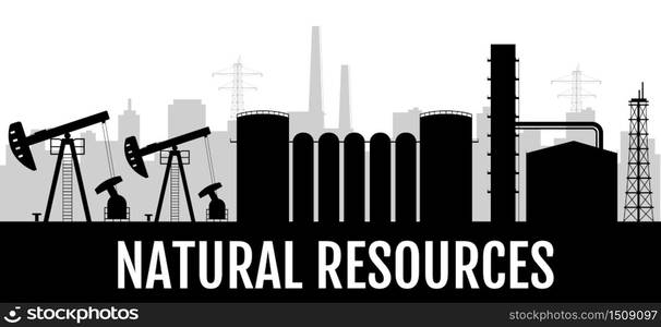 Natural resources black silhouette banner vector template. Gas and petroleum industry horizontal poster monochrome design. Onshore oil rig, refinery plant 2d cartoon shape with typography