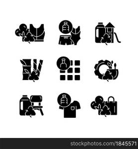 Natural resources conservation black glyph icons set on white space. Reuse plastic products. Eco-friendly trend. Plant-based materials. Zero waste. Silhouette symbols. Vector isolated illustration. Natural resources conservation black glyph icons set on white space