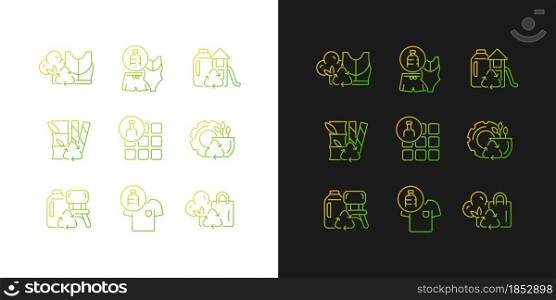 Natural resources conservation gradient icons set for dark and light mode. Reuse plastic products. Thin line contour symbols bundle. Isolated vector outline illustrations collection on black and white. Natural resources conservation gradient icons set for dark and light mode