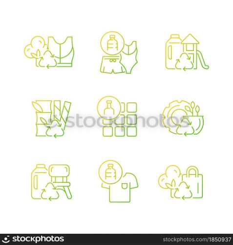 Natural resources conservation gradient linear vector icons set. Reuse plastic products. Eco-friendly trend. Zero waste. Thin line contour symbols bundle. Isolated outline illustrations collection. Natural resources conservation gradient linear vector icons set