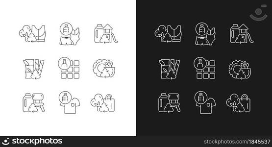 Natural resources conservation linear icons set for dark and light mode. Reuse plastic products. Zero waste. Customizable thin line symbols. Isolated vector outline illustrations. Editable stroke. Natural resources conservation linear icons set for dark and light mode