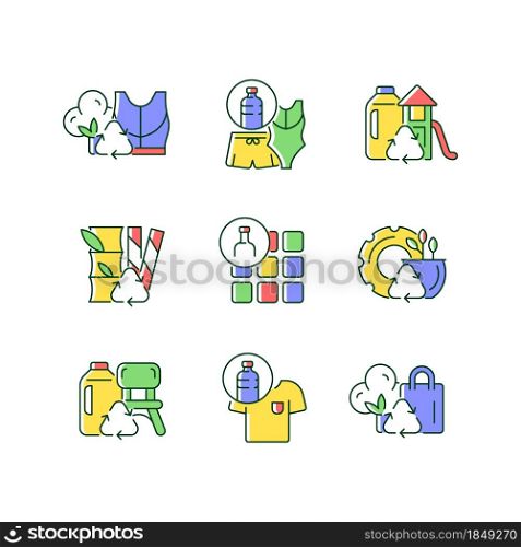Natural resources conservation RGB color icons set. Reuse plastic products. Eco-friendly trend. Plant-based materials. Zero waste. Isolated vector illustrations. Simple filled line drawings collection. Natural resources conservation RGB color icons set