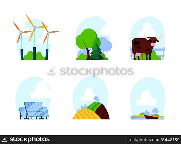 Natural resources. Environment extraction plants oil and gas extract minerals electricity powers and energy from water wind garish vector flat concept. Environment energy resource, power technology. Natural resources. Environment extraction plants oil and gas extract minerals electricity powers and energy from water wind garish vector flat concept