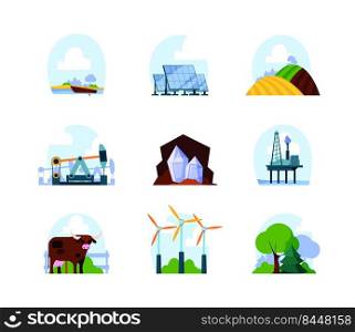 Natural resources. Gas oil energy from water underground mineral eco resourceful planet environment extraction garish vector concept illustrations set. Energy power industry, nature electricity. Natural resources. Gas oil energy from water underground mineral eco resourceful planet environment extraction garish vector concept illustrations set