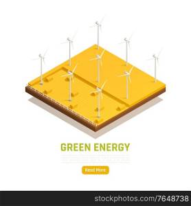 Natural resources green energy isometric web element with wind turbines located in agricultural field vector illustration