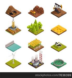 Natural resources isometric icons set with oil extraction coal mining harvesting crops wind turbine fishery vector illustration