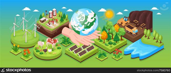 Natural resources sustainable energy sources narrow isometric composition banner with windmills solar panels oil extraction vector illustration