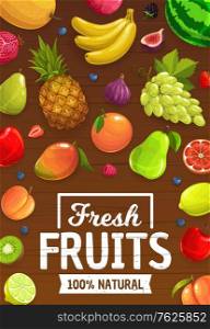 Natural ripe fruits. Vector grape and figs, pineapple and mango, peach and banana, pomegranate and pear. Cartoon watermelon and lime, kiwi and blackberry, lemon and orange fresh fruits and berries. Natural ripe cartoon fruits and berries