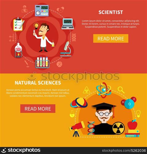 Natural Science Banners. Horizontal natural science banners set with professor, researches and symbols of chemistry, phisics, flat vector illustration
